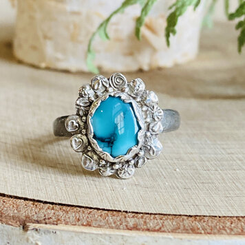 Turquoise Sterling Stamped Flower Ring - Size 8