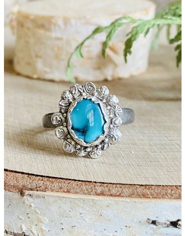 Turquoise Sterling Stamped Flower Ring - Size 8