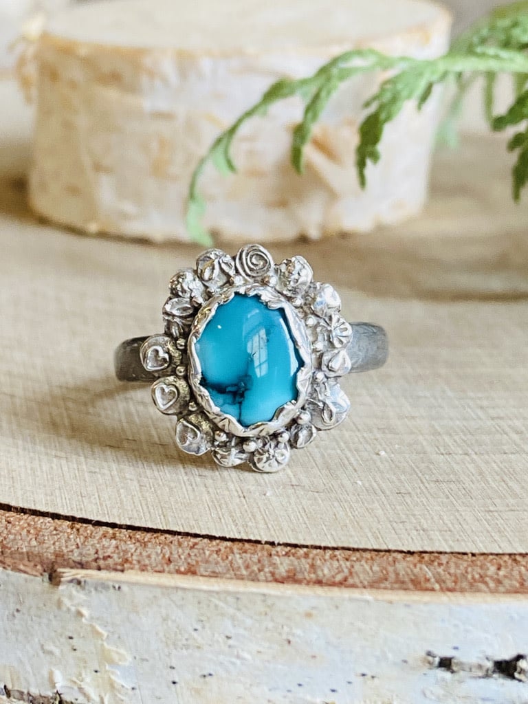 Turquoise Sterling Stamped Flower Ring - Size 8