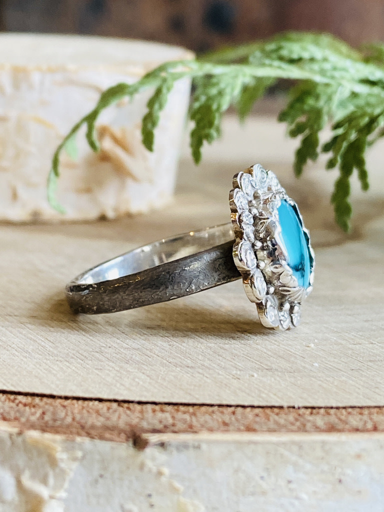 Turquoise Sterling Stamped Flower Ring - Size 8