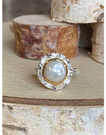 Pearl w/GP Double Bezel Sterling Ring Sz 6