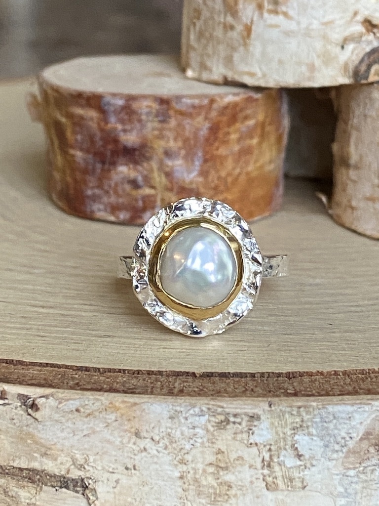 Pearl w/GP Double Bezel Sterling Ring Sz 6