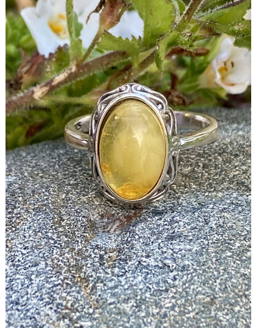 Butterscotch Amber Oval Filigree Sterling Ring Sz 8