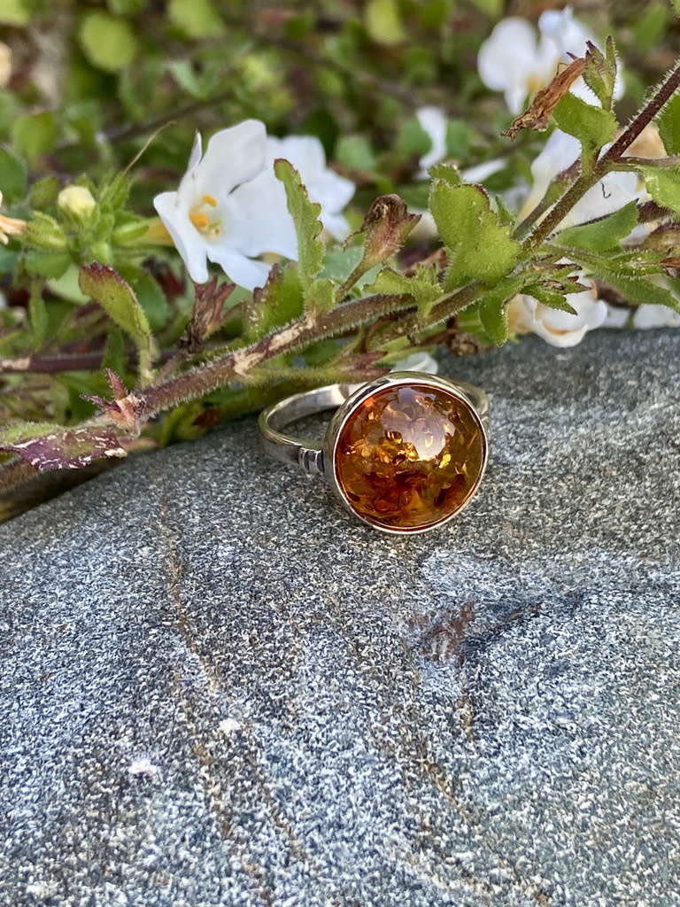 Amber Round Sterling Ring Sz 6