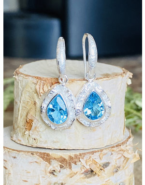 Blue Topaz Pear Double Bezel Sterling Earrings