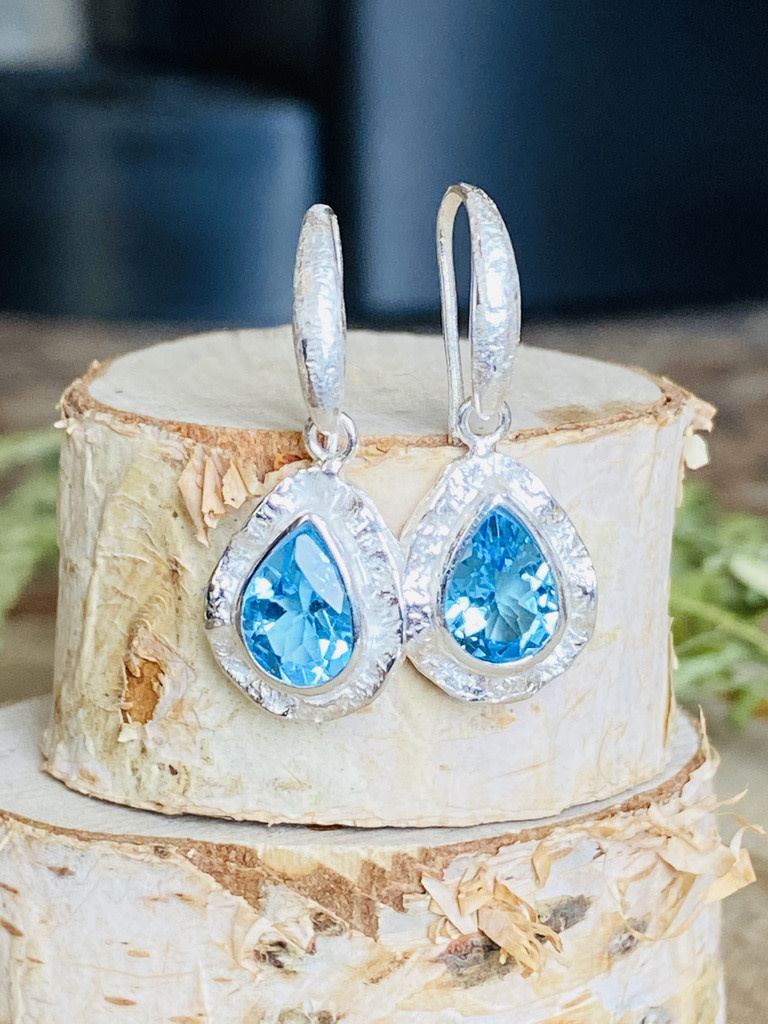 Blue Topaz Pear Double Bezel Sterling Earrings