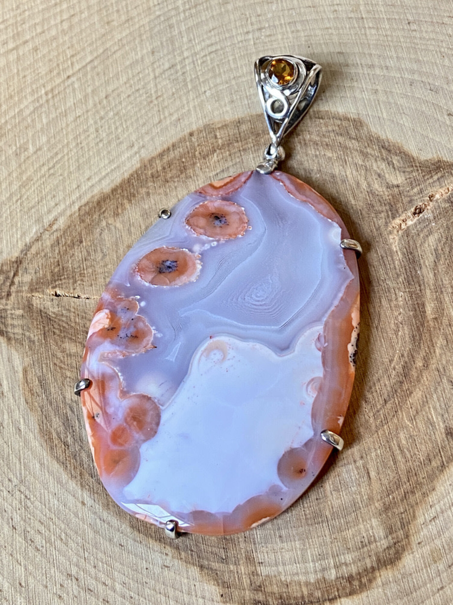 Large Banded Agate Citrine Sterling Pendant Silver Fox Jewelry