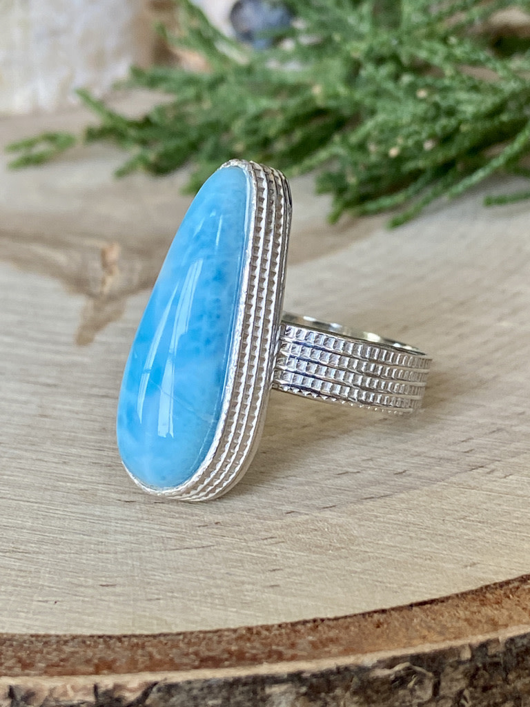 Larimar Long Teardrop Grid Sterling Ring Sz 7