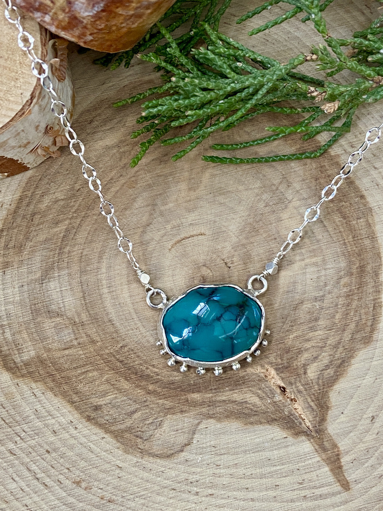 Turquoise Wavy Bezel Sterling Oval Necklace
