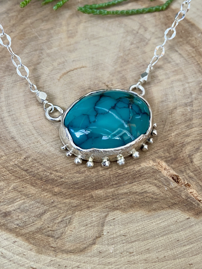 Turquoise Wavy Bezel Sterling Oval Necklace