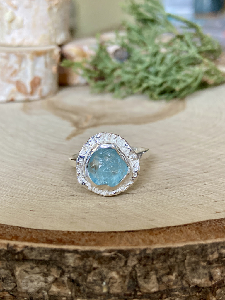 Rough Aquamarine Double Bezel Sterling Ring Sz 9