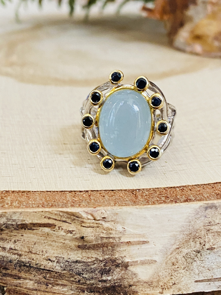 Aquamarine w/GP & Sapphire Sterling Ring Sz 6