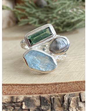 Aquamarine Tourmaline & Grey Pearl Sterling Ring Sz 7