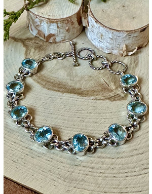 Blue Topaz Ovals & Sterling Chain Link  Bracelet
