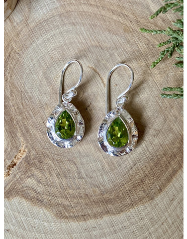 Peridot Pear Double Bezel Sterling Drop Earrings