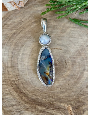 Boulder Opal Long Ovoid & Pearl Sterling Pendant