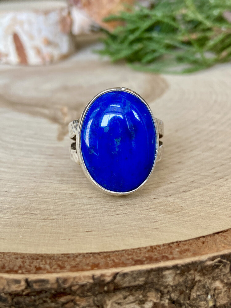 Lapis Oval Split Sterling Textured Ring Sz 8.5
