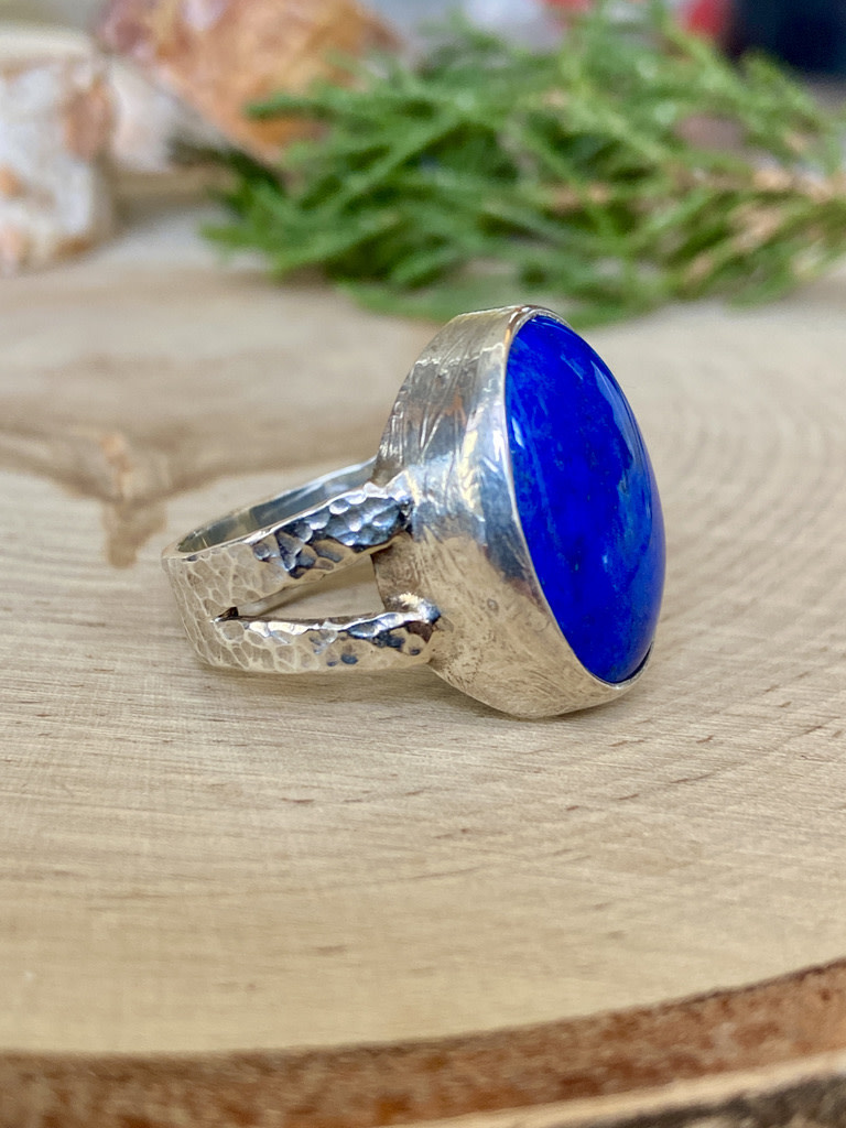 Lapis Oval Split Sterling Textured Ring Sz 8.5