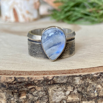 Moonstone Pear Wide Rustic Band Sterling Ring Sz 9