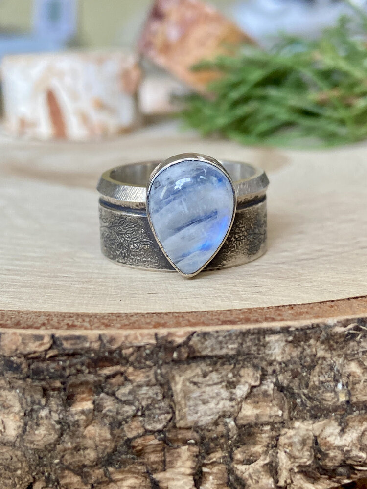 Moonstone Pear Wide Rustic Band Sterling Ring Sz 9