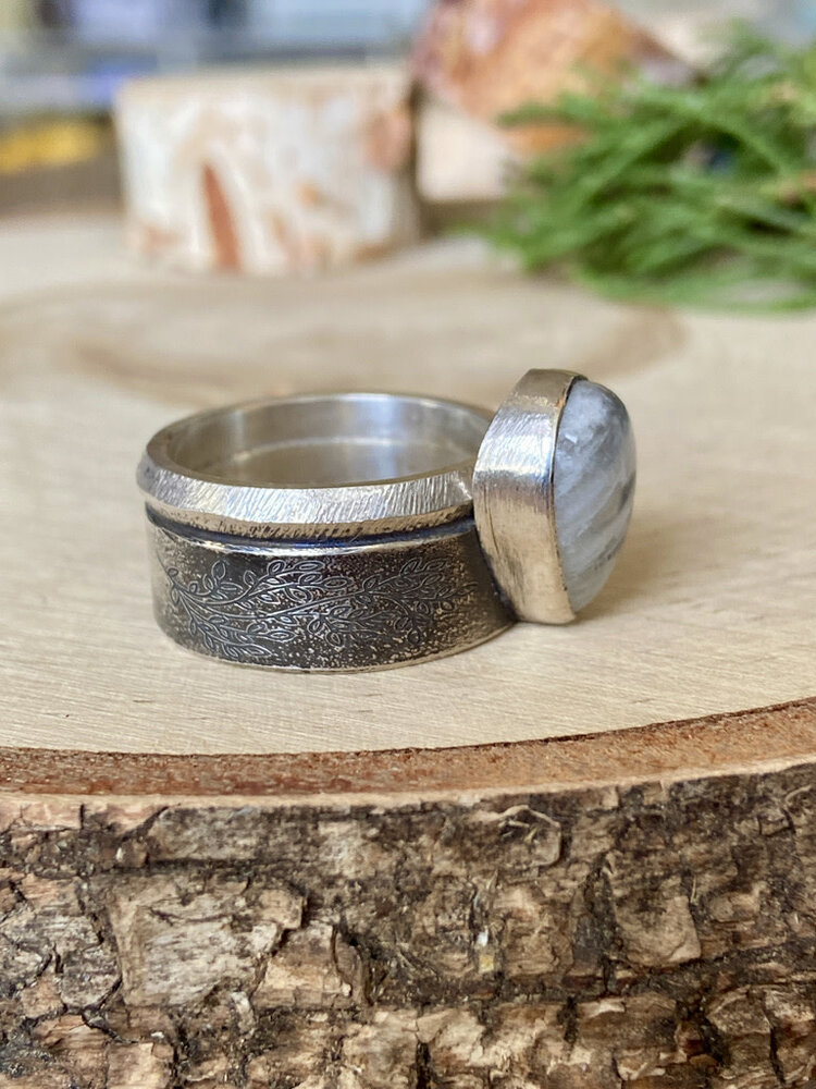 Moonstone Pear Wide Rustic Band Sterling Ring Sz 9