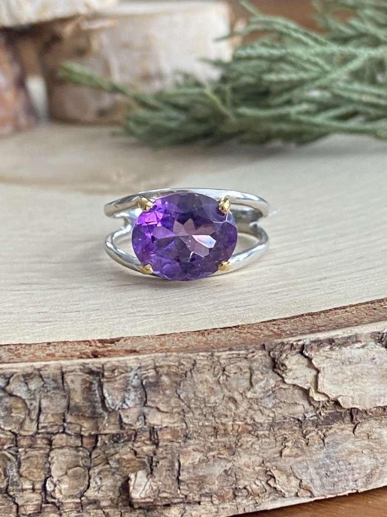 Amethyst Oval Prong GP Sterling Ring Sz 8