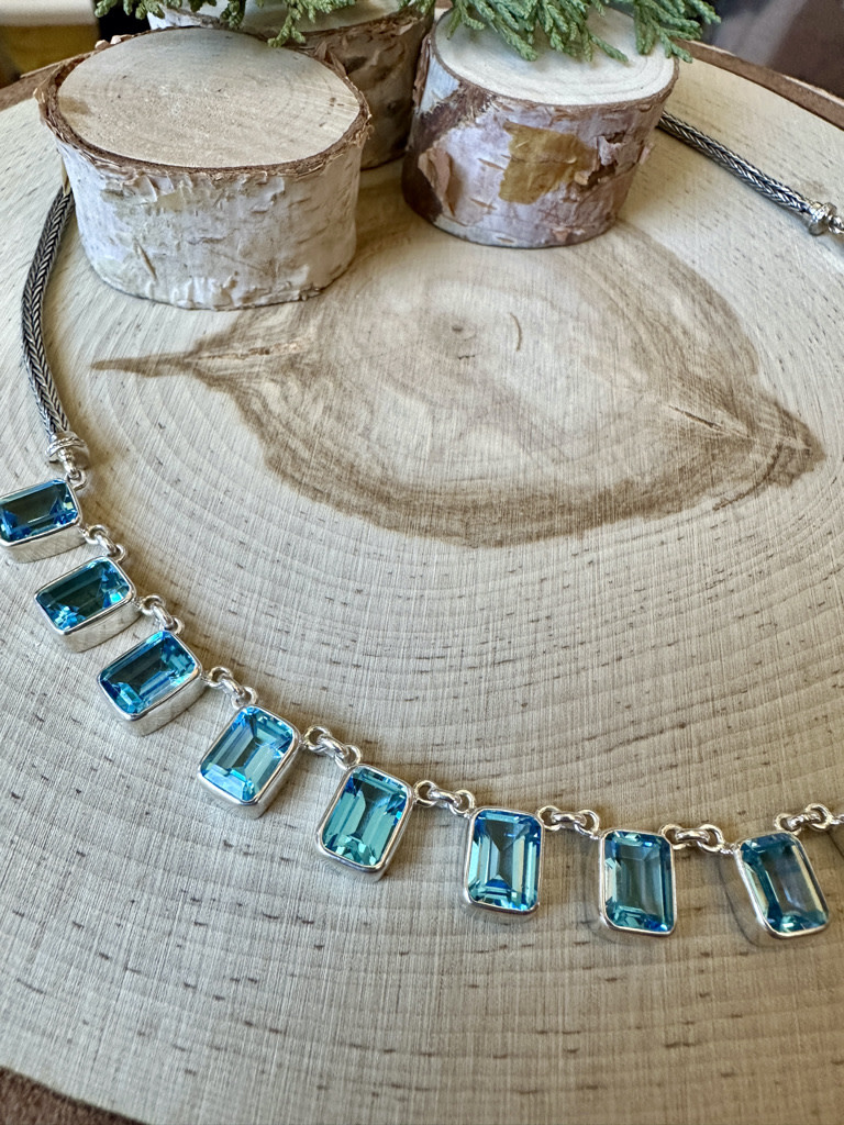 Blue Topaz Emerald Cut 18 Stone Sterling Necklace 18.5"