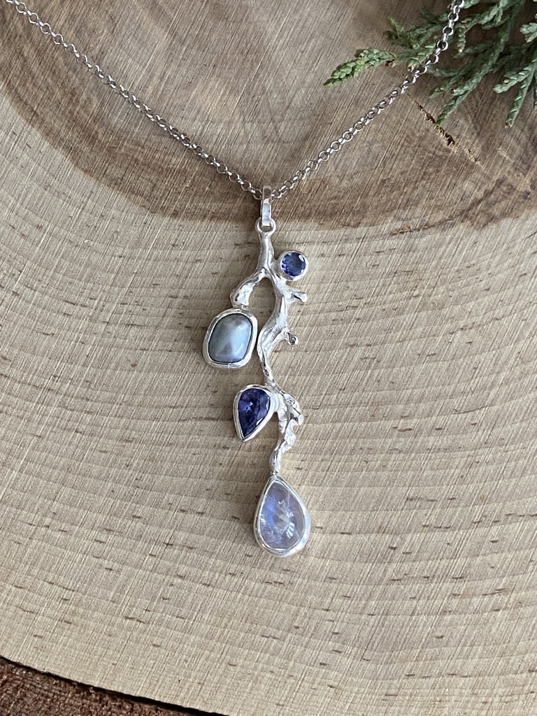 Moonstone Pearl & Tanzanite Branch Sterling Necklace