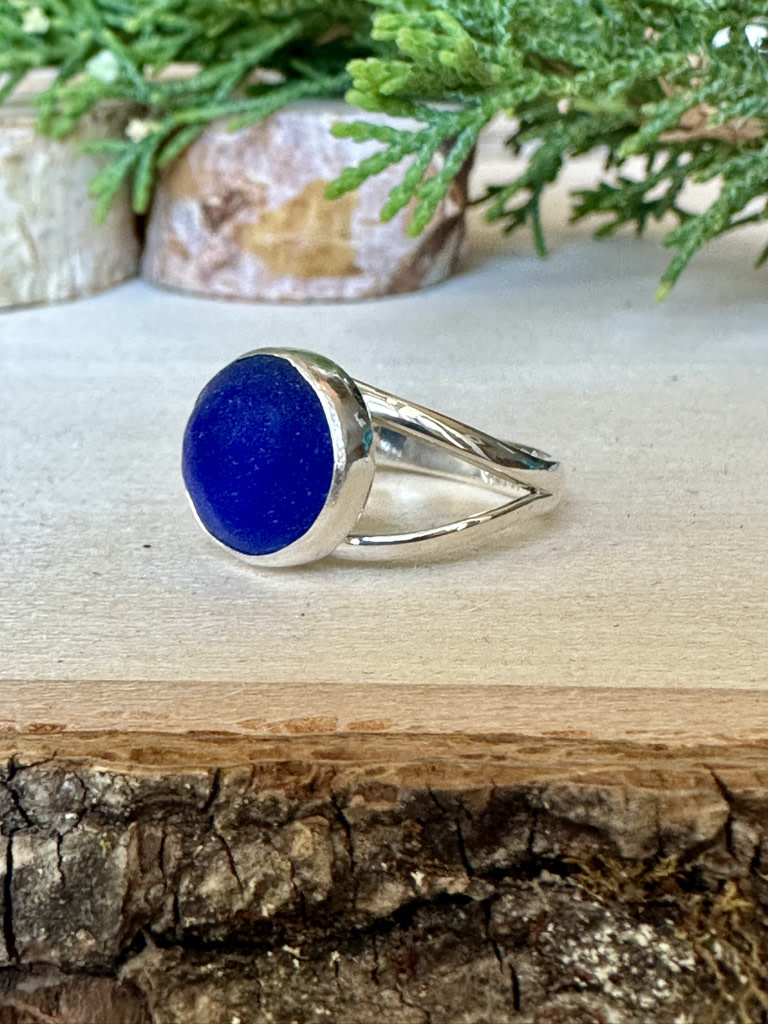 Beach Glass Cobalt Round Sterling Ring Sz 7.5