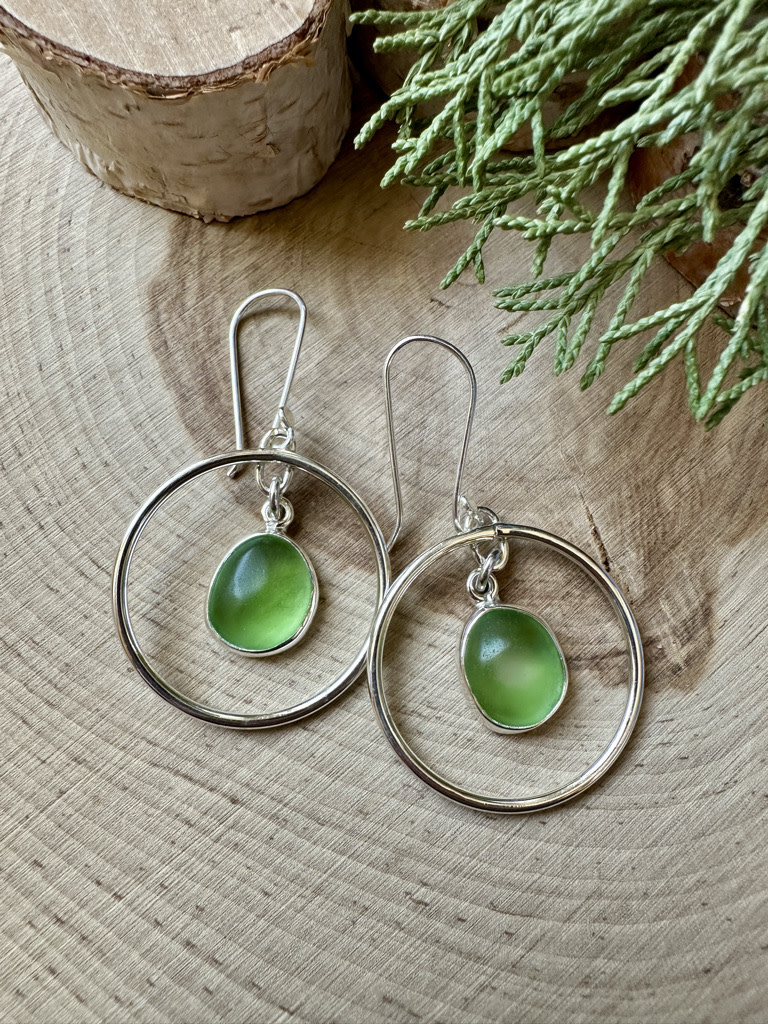 Green Beach Glass in Sterling Circle Loop Earrings