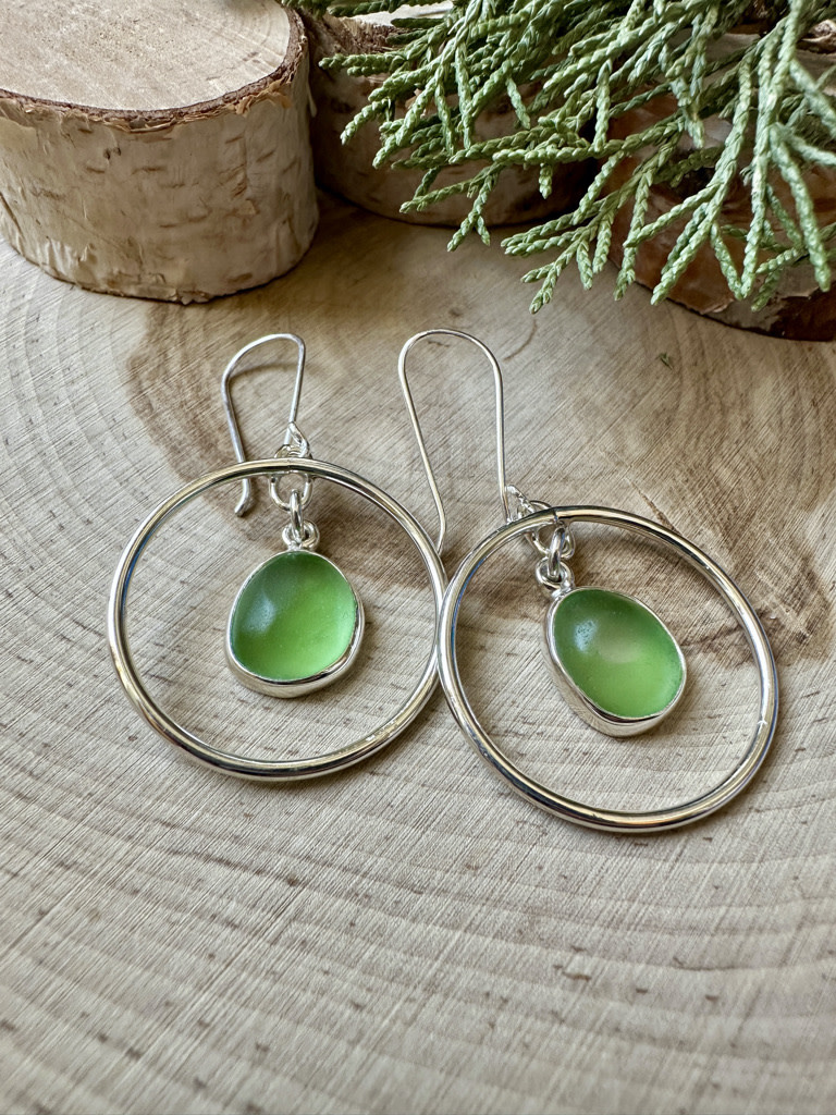 Green Beach Glass in Sterling Circle Loop Earrings