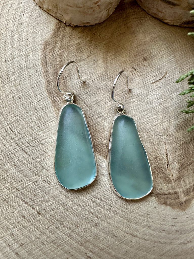 Beach Glass Ice Blue Long Ovoid Sterling Earrings