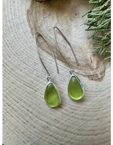 Green Beach Glass Long Wire Sterling Earrings