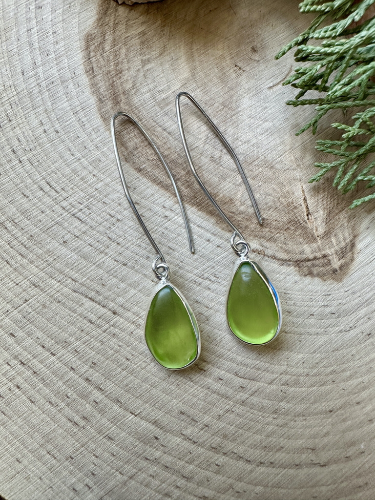 Green Beach Glass Long Wire Sterling Earrings