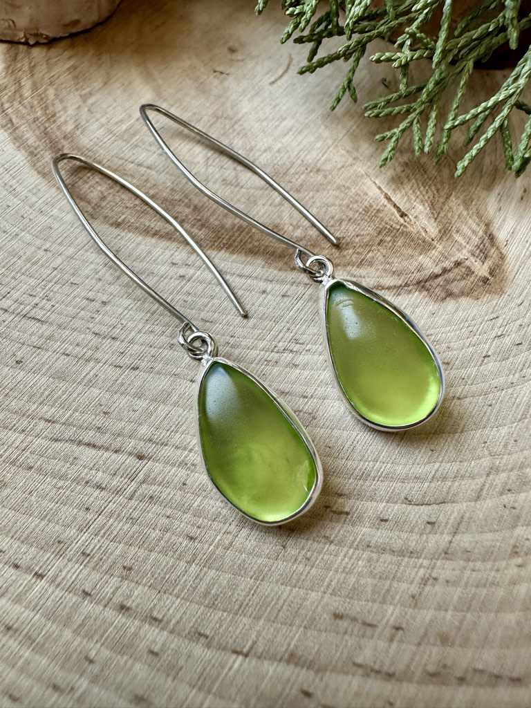 Green Beach Glass Long Wire Sterling Earrings