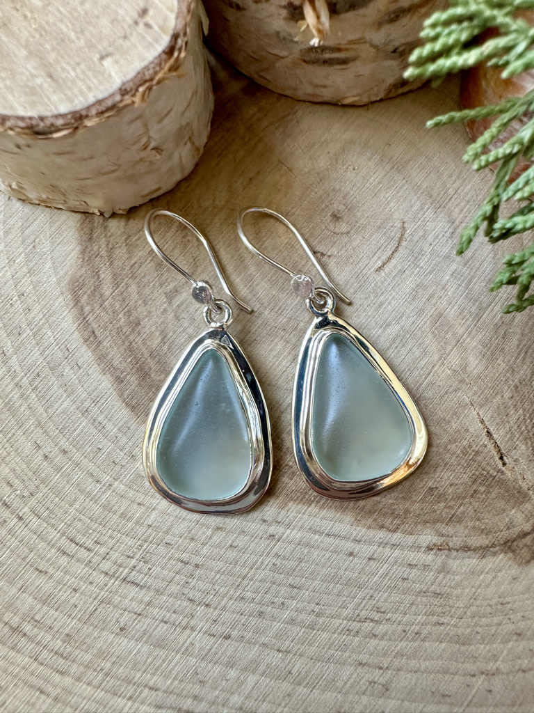 Beach Glass Ice Green Tear Drop Sterling Earrings