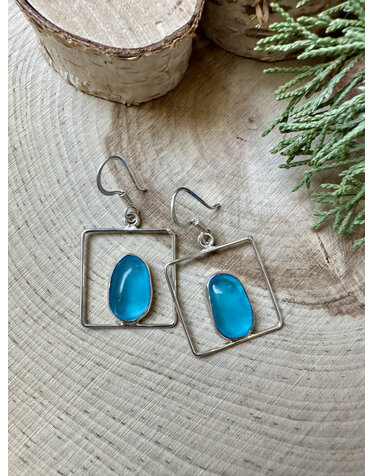 Beach Glass Trq Blue Square Loop Sterling Earrings