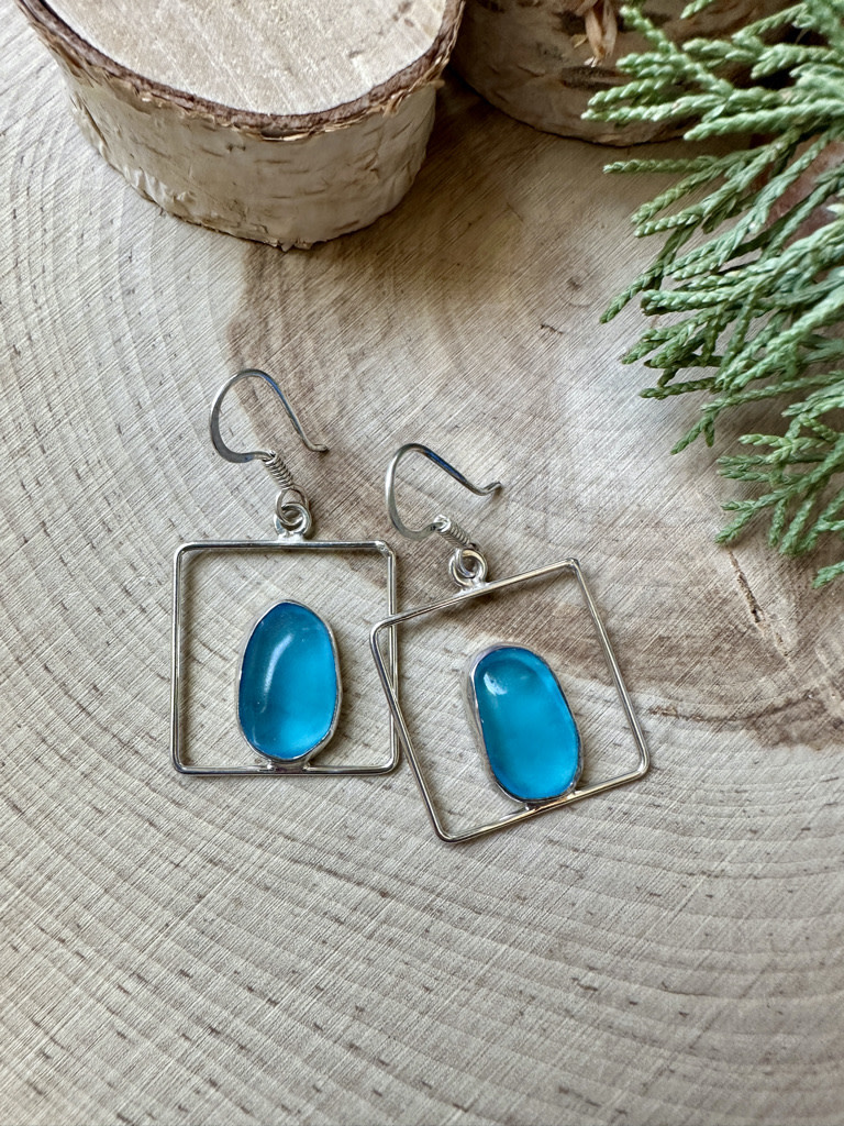 Beach Glass Trq Blue Square Loop Sterling Earrings