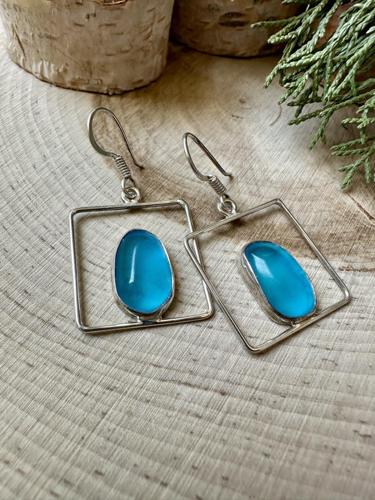 Beach Glass Trq Blue Square Loop Sterling Earrings