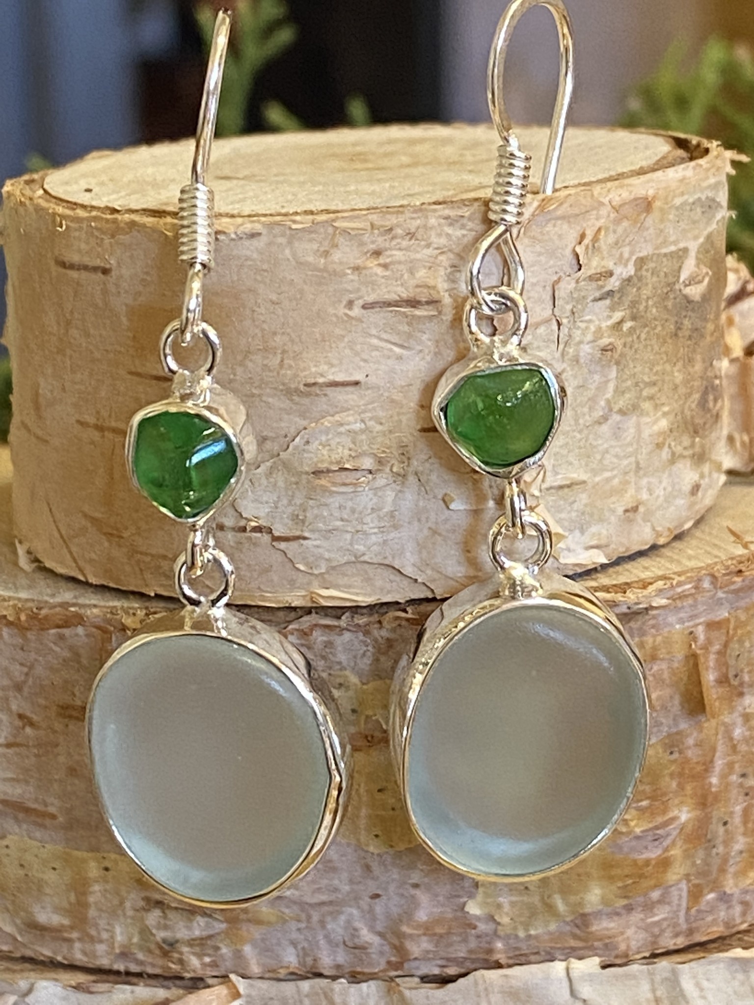 Icy Green & Bottle Green Beach Glass Dangle Earrings