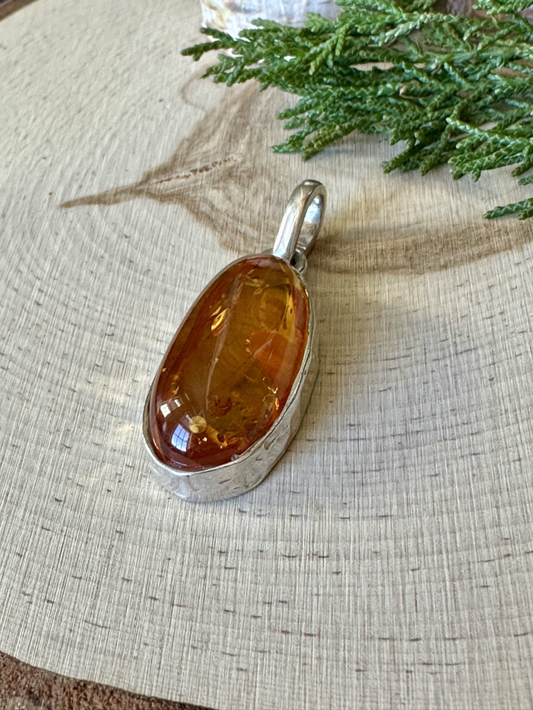 Long Oval Amber Hammered Pendant