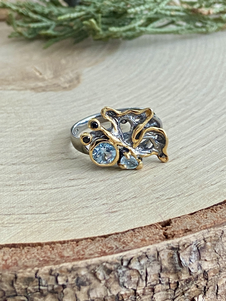 Blue Topaz w/ Sapphire Butterfly GP & RP Sterling Ring Sz 7