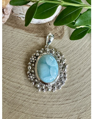 Larimar Oval Bubbly Flowers Sterling Pendant