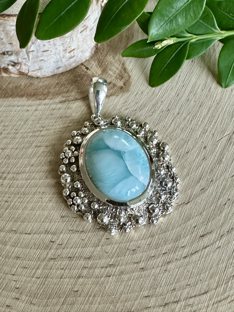 Larimar Oval Bubbly Flowers Sterling Pendant