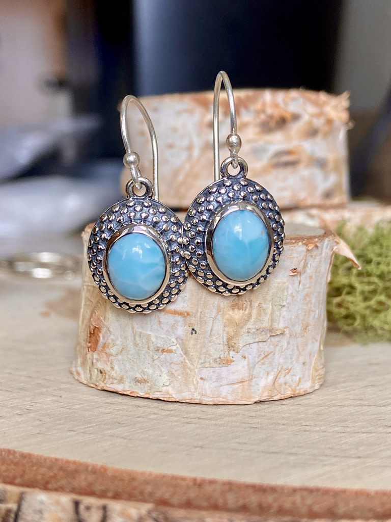 Larimar Oval Dotty Bezel Sterling Drop Earrings