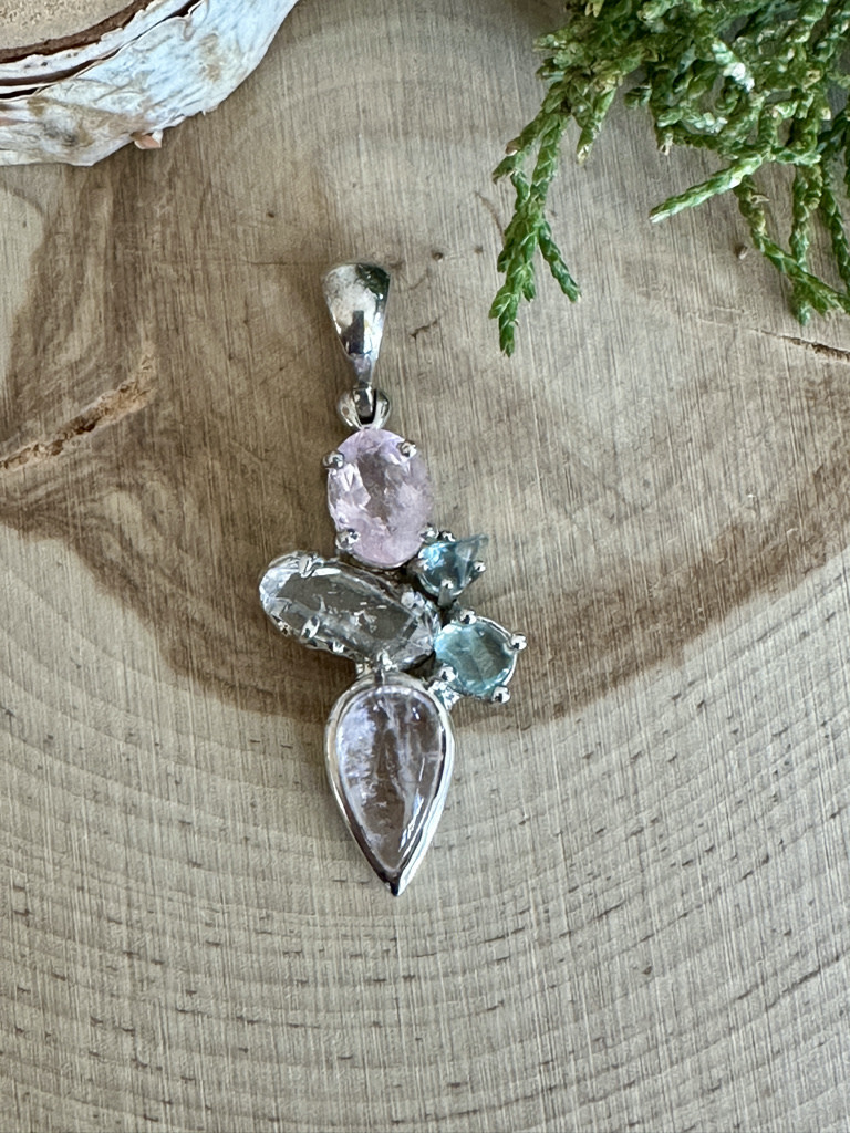 Morganite Aquamarine & Herkimer Sterling Pendant