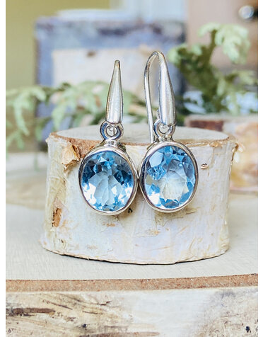 Blue Topaz Oval Sterling Drop Earrings