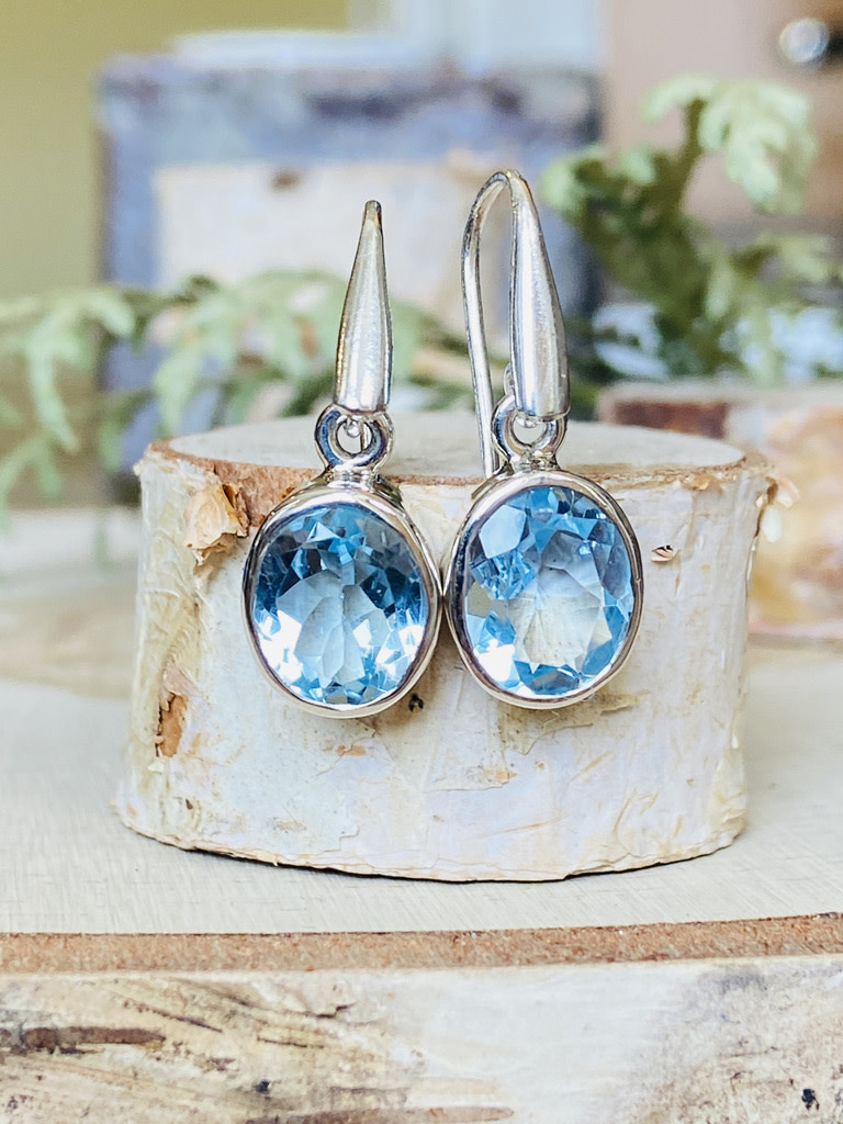 Blue Topaz Oval Sterling Drop Earrings