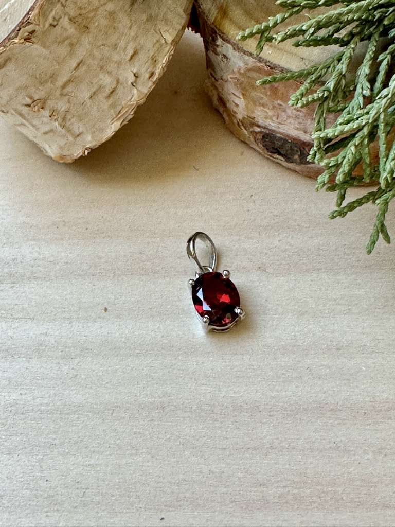 Garnet Oval Prong Sterling Pendant