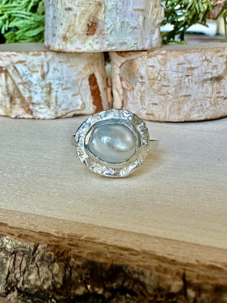 Pearl Double Bezel Sterling Ring Sz 6.5